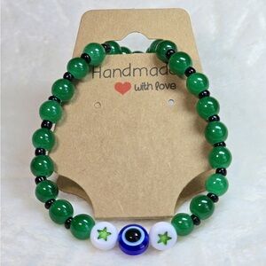 Green Beaded Bracelet with Evil Eye Charm